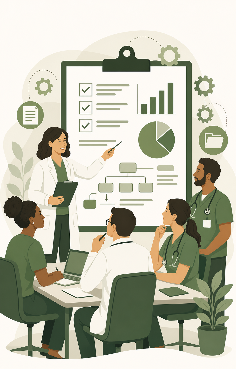 Instrutora capacitando uma equipe de saúde diante de indicadores, fluxogramas e engrenagens