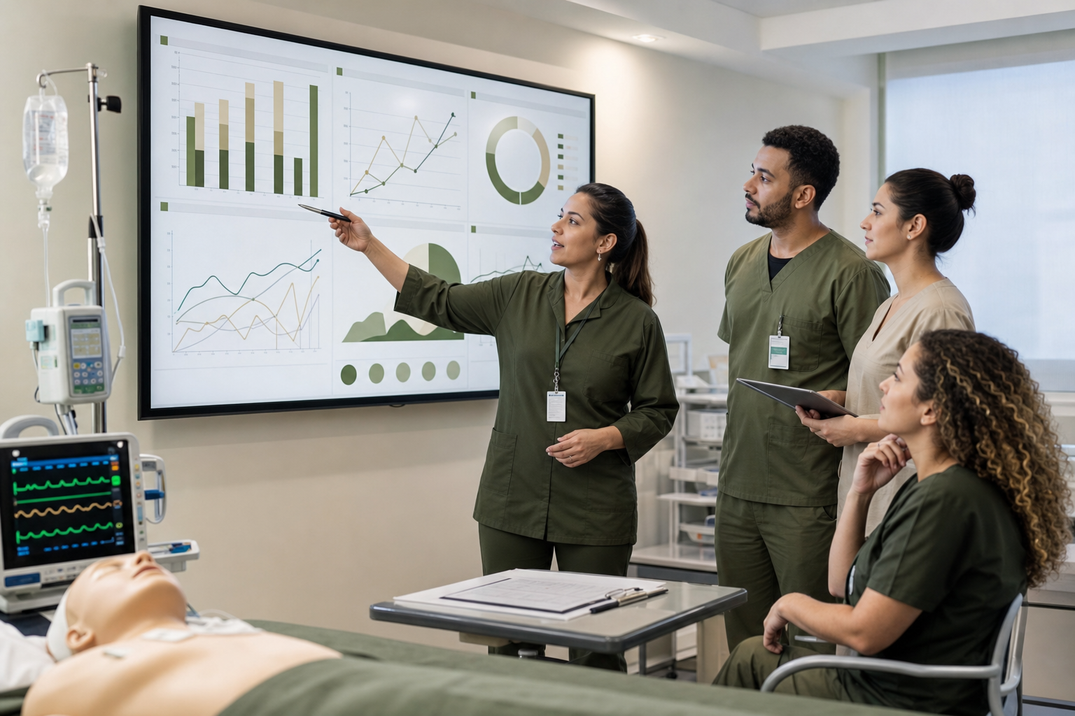Enfermeira conduzindo treinamento com gráficos e equipamentos hospitalares para uma equipe de saúde